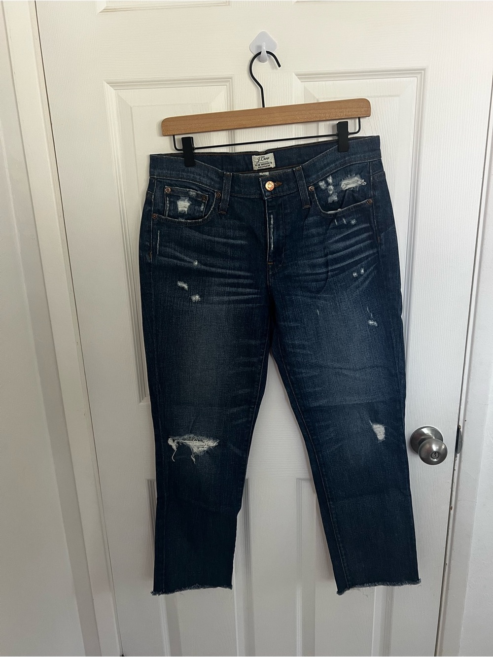 J. Crew Dark Blue Distressed Cropped Jeans - Ankle